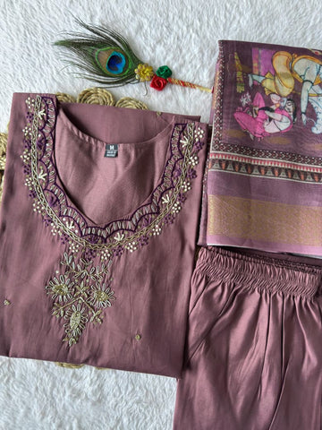 Premium Roman Silk Handwork Suit Set with Heavy Digital Print Chanderi Dupatta