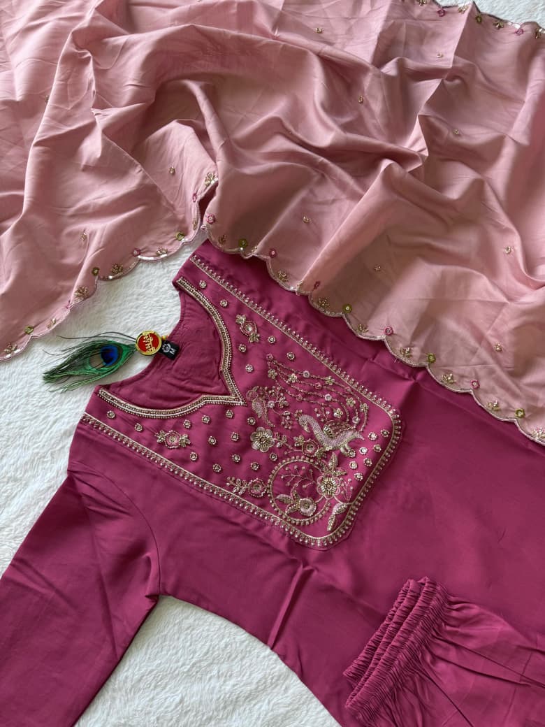 Premium Roman Silk Beads Embroidery Suit Set with Embroidered Roman Silk Dupatta
