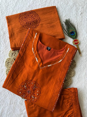 Cotton Hand Block Print Suit Set with Real Mirror Hand Work & Mul Cotton Dupatta