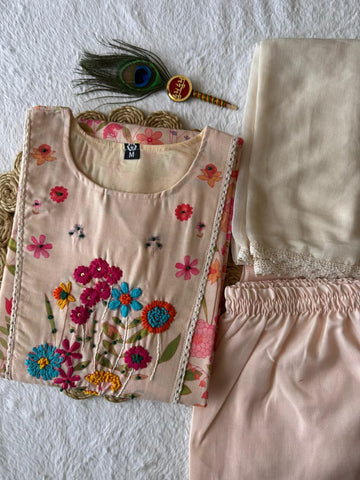 Premium Pure Linen Cotton Digital Print Suit Set with Hand Thread Work & Nazmin Dupatta