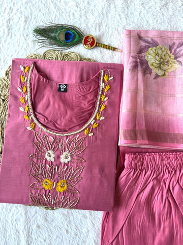 Premium Mul Chanderi Handwork Suit Set with Chanderi Linen Jacquard Dupatta