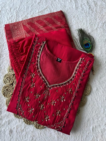 Premium Mul Chanderi Handwork Suit Set with Nylon Muslin Jacquard Dupatta