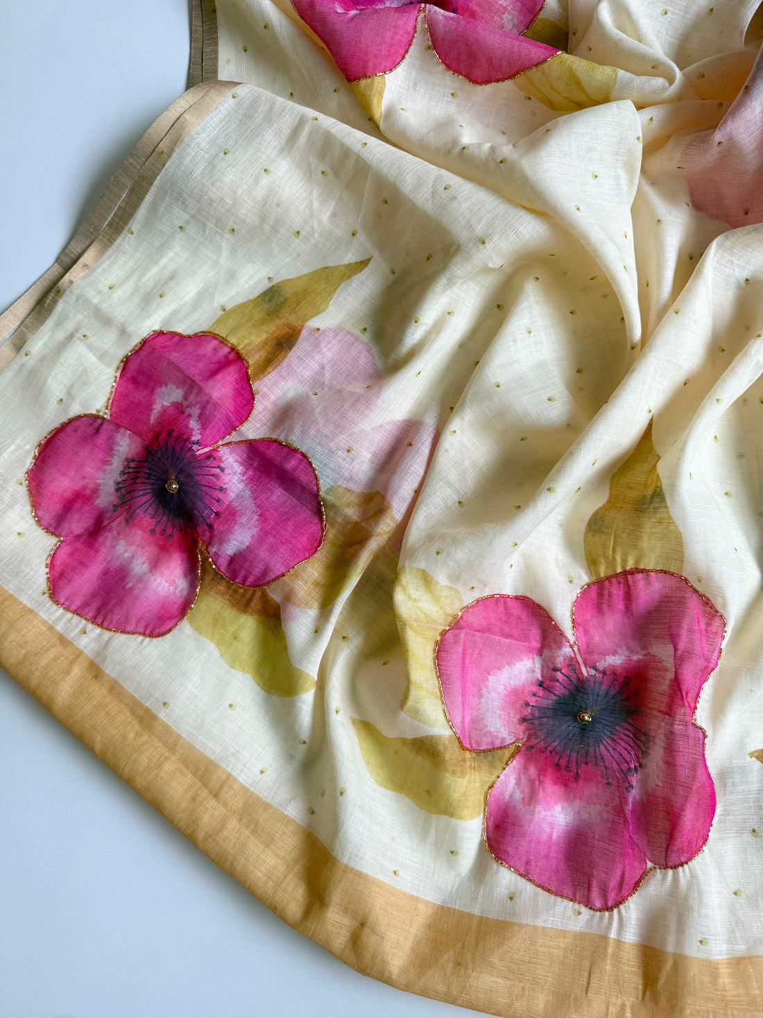 Soft Cotton Linen Fabric Witn Beautiful Floral Digital Print And Handwork Fancy Saree