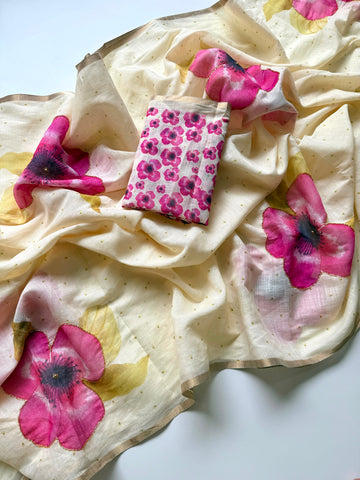 Soft Cotton Linen Fabric Witn Beautiful Floral Digital Print And Handwork Fancy Saree