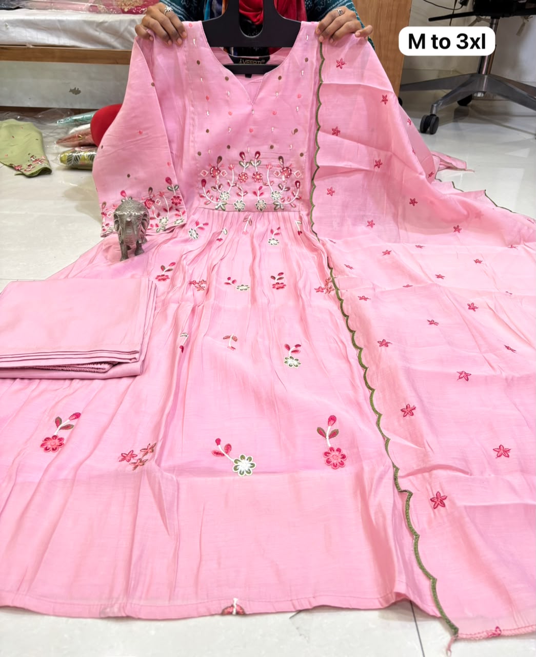 Chanderi Glass Silk Handwork Anarkali Kurti Set