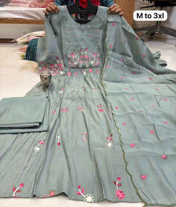 Chanderi Glass Silk Handwork Anarkali Kurti Set