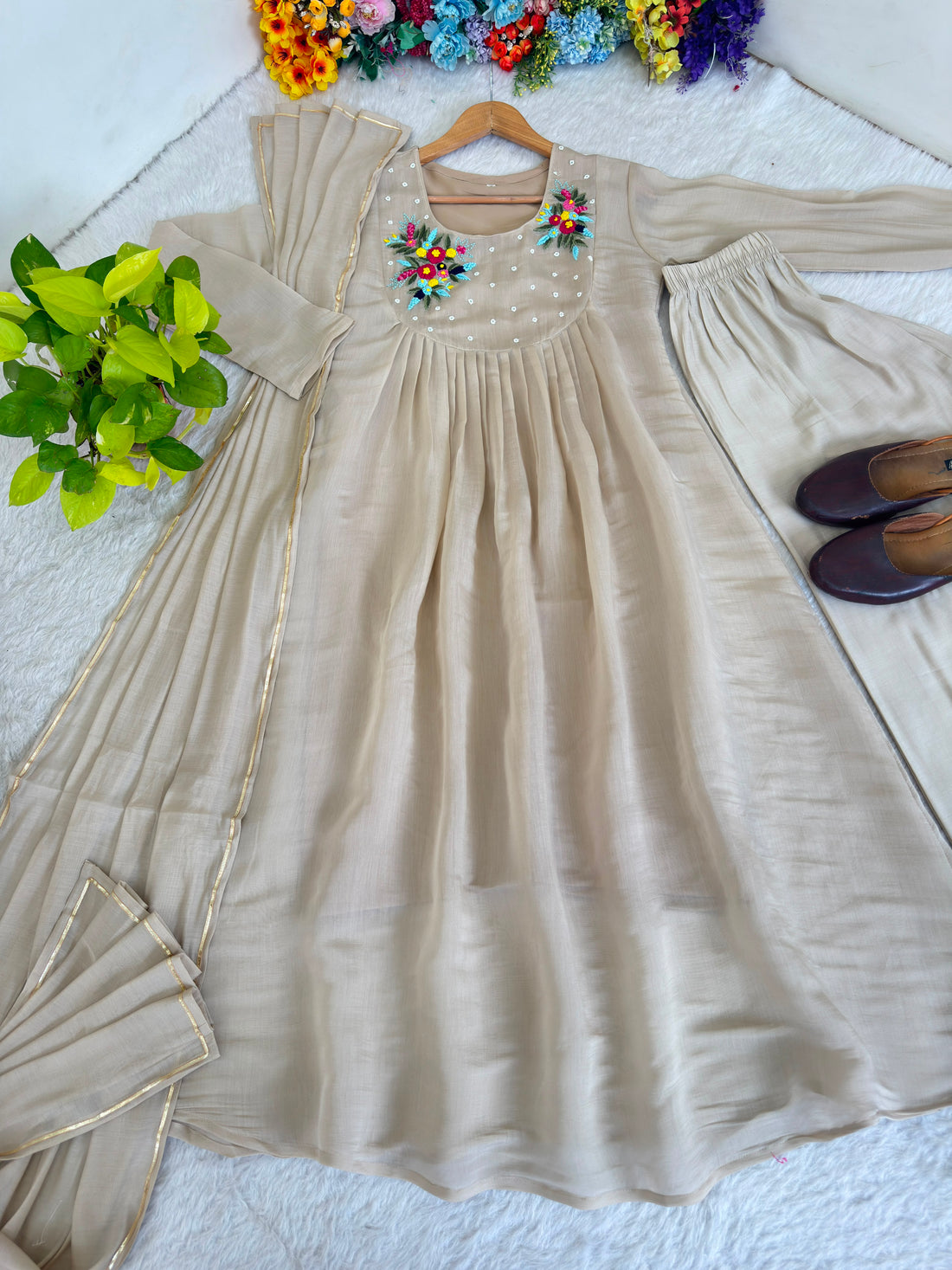 Chikoo Chanderi Cotton Embroidered Gown Set