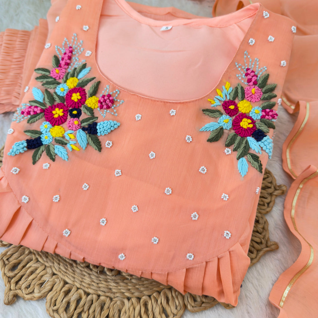 Peach Chanderi Cotton Embroidered Gown Set with Gotta Patti Dupatta