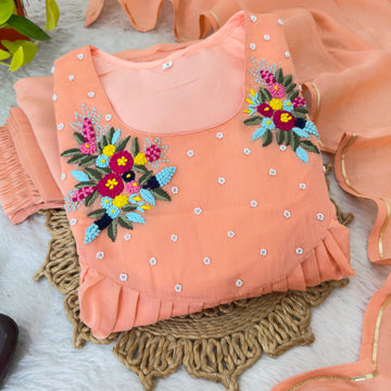 Peach Chanderi Cotton Embroidered Gown Set with Gotta Patti Dupatta