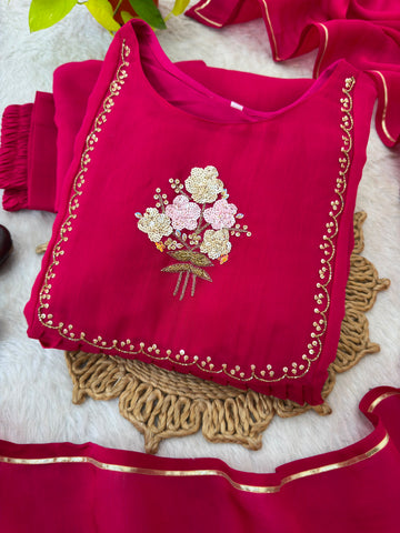 Pure Mul Viscose Chanderi Cotton Gown Set with Roman Silk Pant &amp; Gotta Patti Dupatta