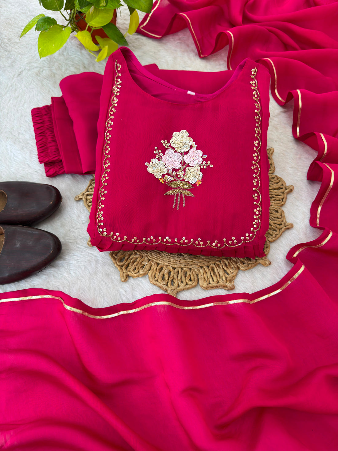 Pure Mul Viscose Chanderi Cotton Gown Set with Roman Silk Pant &amp; Gotta Patti Dupatta