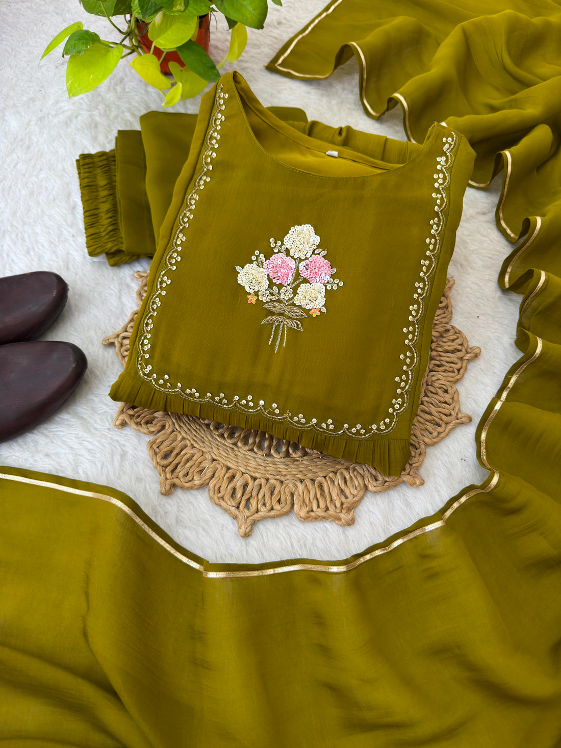 Pure Mul Viscose Chanderi Cotton Gown Set with Roman Silk Pant &amp; Gotta Patti Dupatta