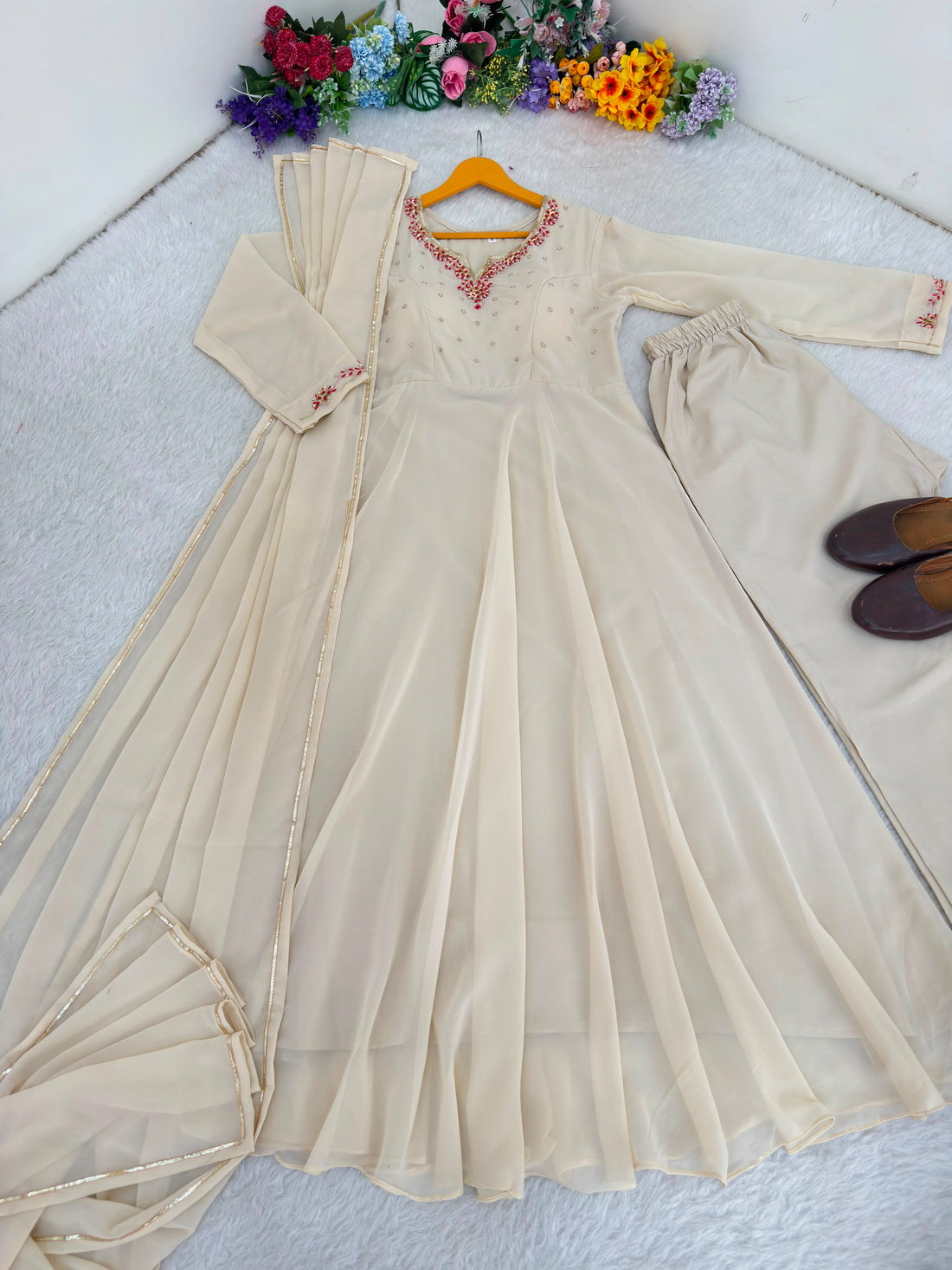 Handwork Fox Georgette Princess Gown with Crepe Pant & Gotta Lace Dupatta