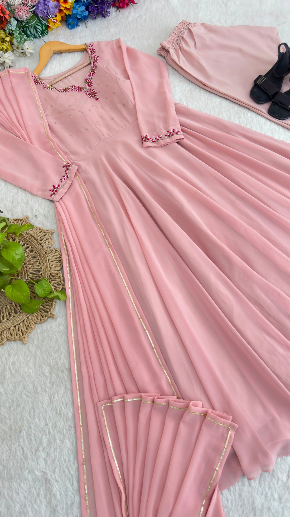 Handwork Fox Georgette Princess Gown with Crepe Pant & Gotta Lace Dupatta