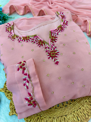 Handwork Fox Georgette Princess Gown with Crepe Pant & Gotta Lace Dupatta