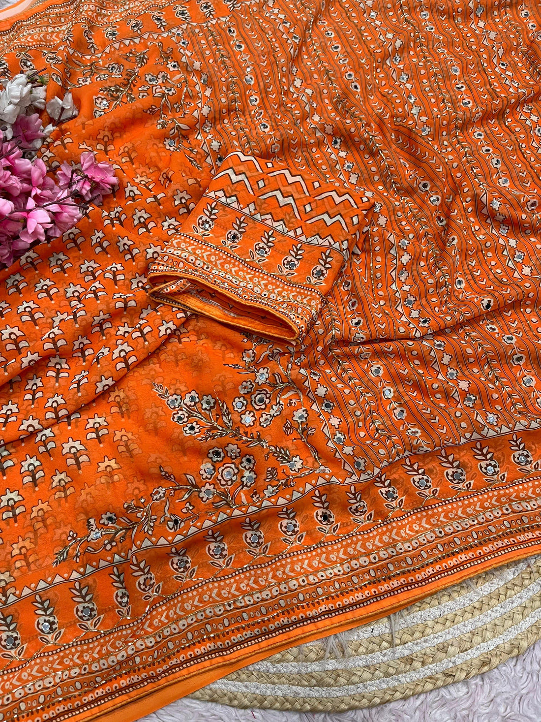 Georgette print with khatli work &amp; orignal mirror Work