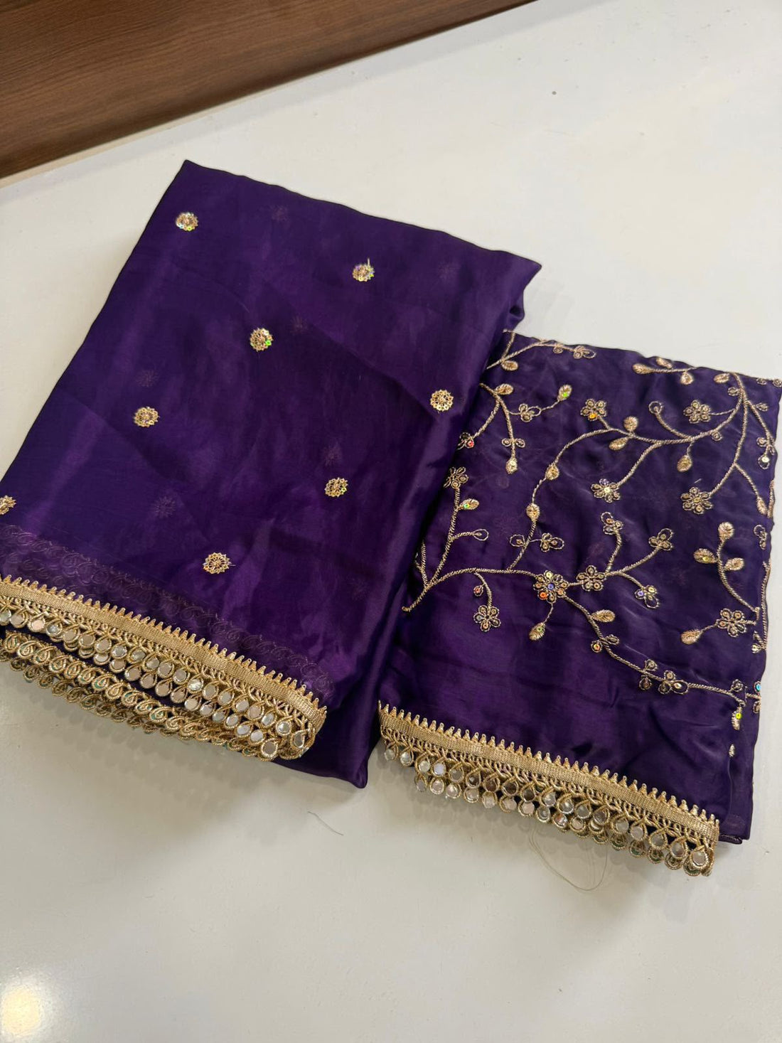 Space Sattin Multi Sequence Full Worked Saree With Original Mirror Lace