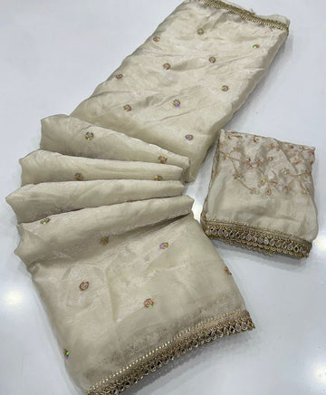 Space Sattin Multi Sequence Full Worked Saree With Original Mirror Lace