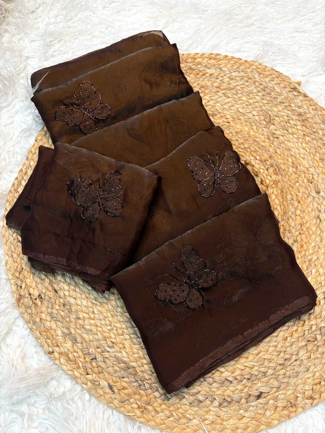 Dark Coffee Two-Tone Fendy Satin Designer Saree – Butterfly Handwork & Embroidery