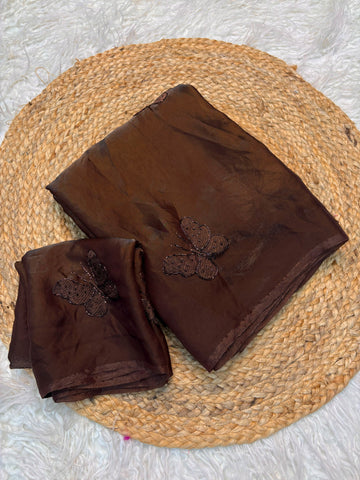 Dark Coffee Two-Tone Fendy Satin Designer Saree – Butterfly Handwork & Embroidery